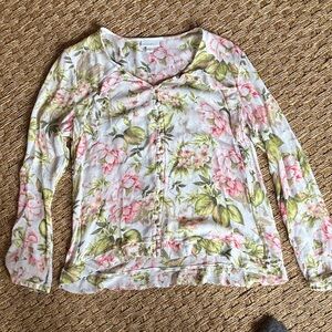 J. Jill White Floral Long Sleeve Top with Pink & Green Print